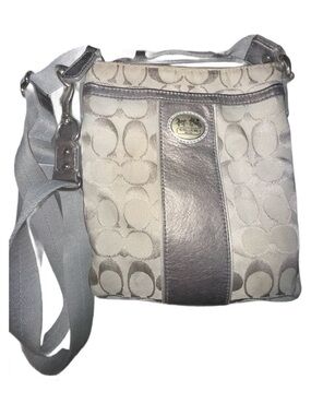 Coach Signature Stripe Horse & Carriage Crossbody- Silver & Grey
